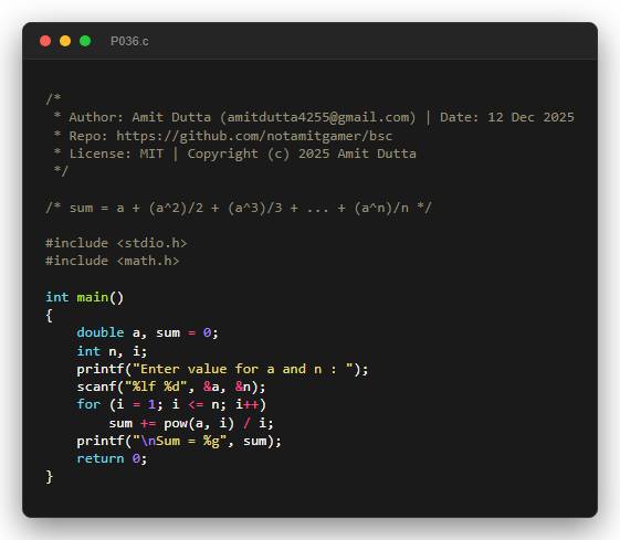 sum = a + (a^2)/2 + (a^3)/3 + ... + (a^n)/n